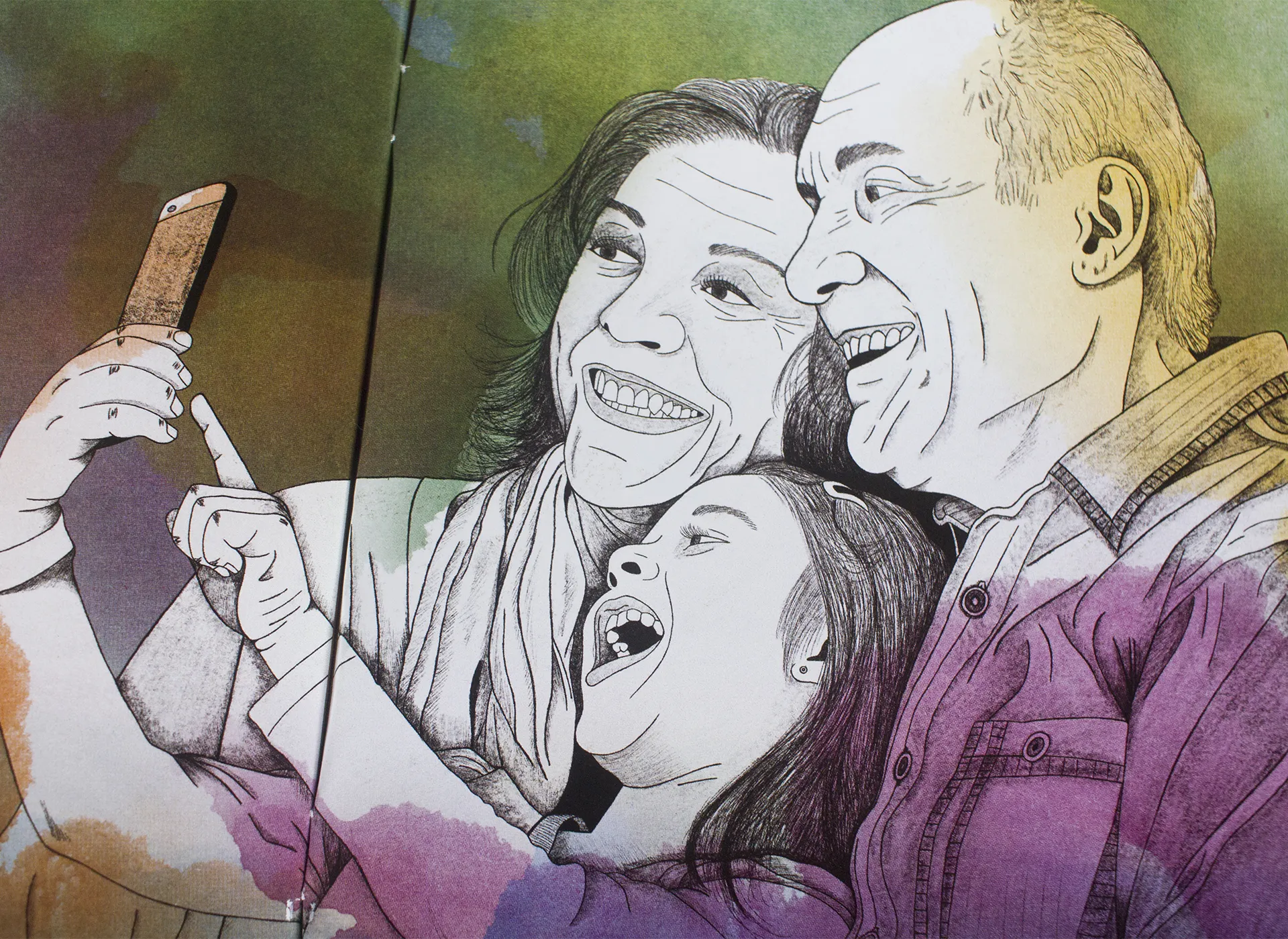 Stop edadismo ilustración familia haciendo un selfie