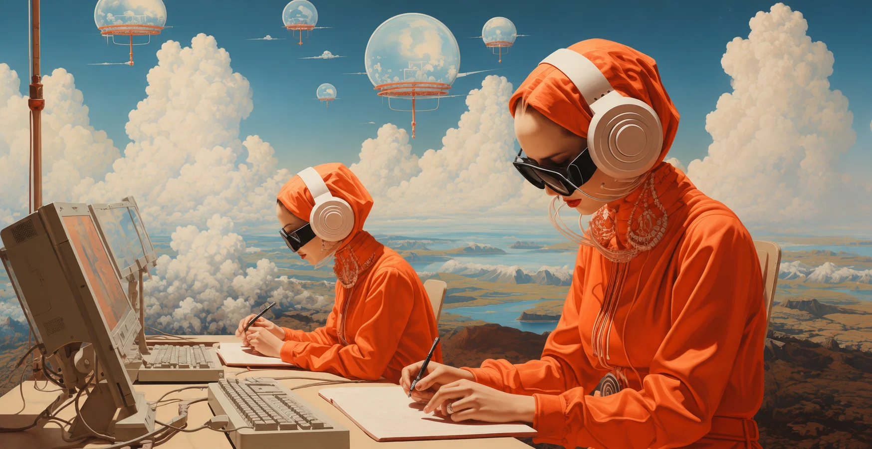 Dos mujeres con trajes naranja trabajando en paisaje surrealista futurista